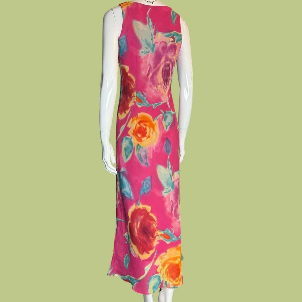 Vintage 90s Hot Pink Floral Rose Print Sleeveless Long Maxi Dress - Picture 5 of 7
